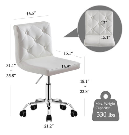 VECELO PU Leather Mid-Back Armless Vanity Chair Adjustable Height 360 Degree Rolling Swivel for Home, Office, Work (White) (New in Box)