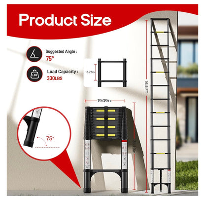 Telescoping Ladder 16.5 Ft. 330lbs Capacity, Black EN131 Certified, Aluminum, Straight Extension Ladder, Multi-purpose Collapsible for RV, Home, Roof (New in Box)