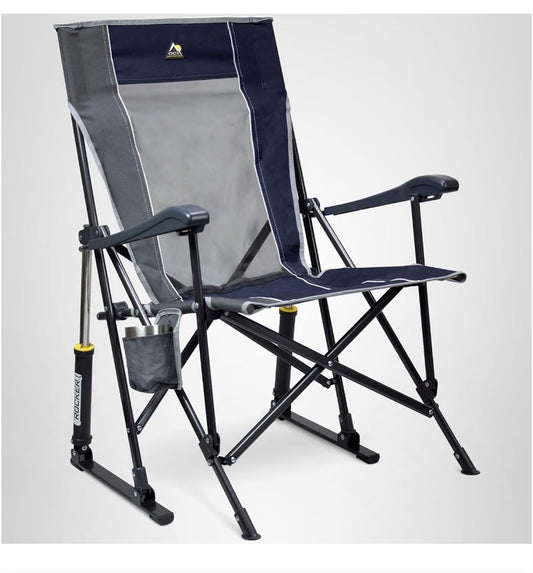 GCI Outdoor Roadtrip Rocker Camping Chair, Portable, Folding Rocking Chair with Solid, Durable Armrests, Drink Holder & Comfortable Extended Backrest (Indigo Blue) (New in Box)