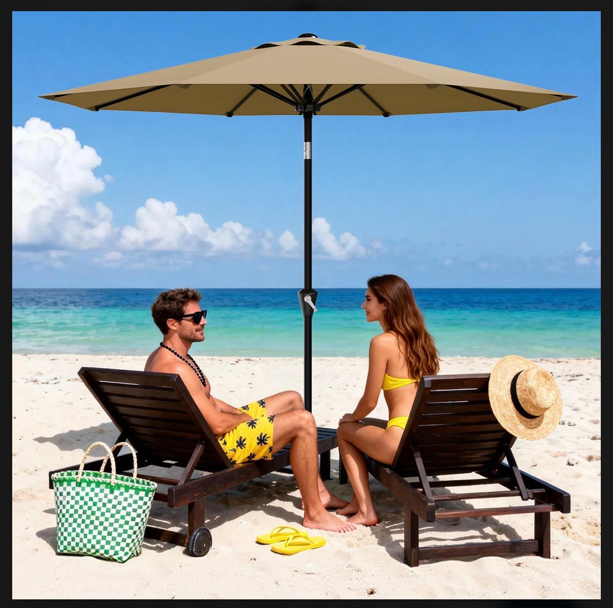 Garvee 10 Ft. Khaki Tan Outdoor Patio Umbrella Waterproof Market Parasol with Smooth Crank Lift, Push Button Tilt, 8 Sturdy Ribs, UV Protection-Ideal for Garden, Pool, Deck, or Yard (New in Box)