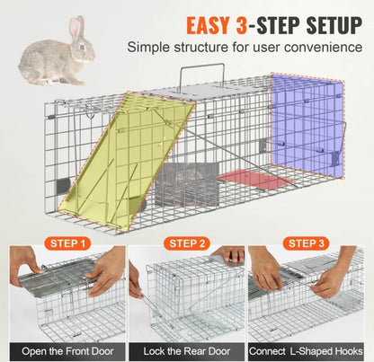 VEVOR Live Animal Cage Trap, 24" x 8" x 8" Humane Cat Trap Galvanized Iron, Folding Animal Trap with Handle for Rabbits, Stray Cats, Squirrels, Raccoons, Groundhogs and Opossums- new in box