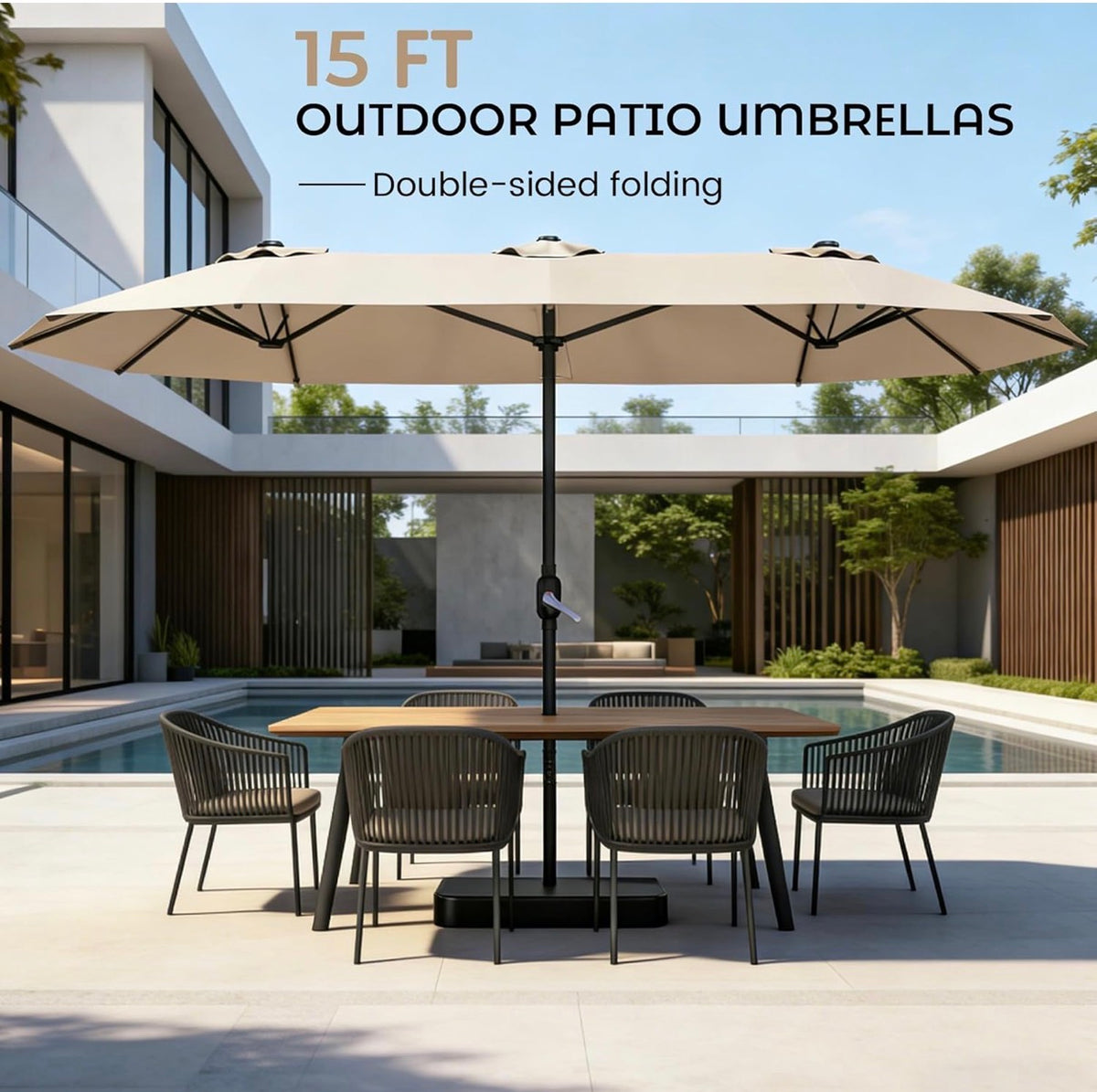 15 Ft. Patio Umbrella with Base, Large Double Sided Retangular Umbrella Triple Head Umbrella with Crank Handle, Market Umbrella for Poolside, Garden, Deck, Backyard, Beach (Beige) (New in Box)
