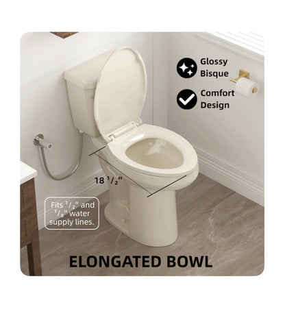 XH Bone 21 Inch Elongated Extra Tall 12 Inch Rough In 1.28 GPF Soft Close 2 Piece Toilet (New in Box)