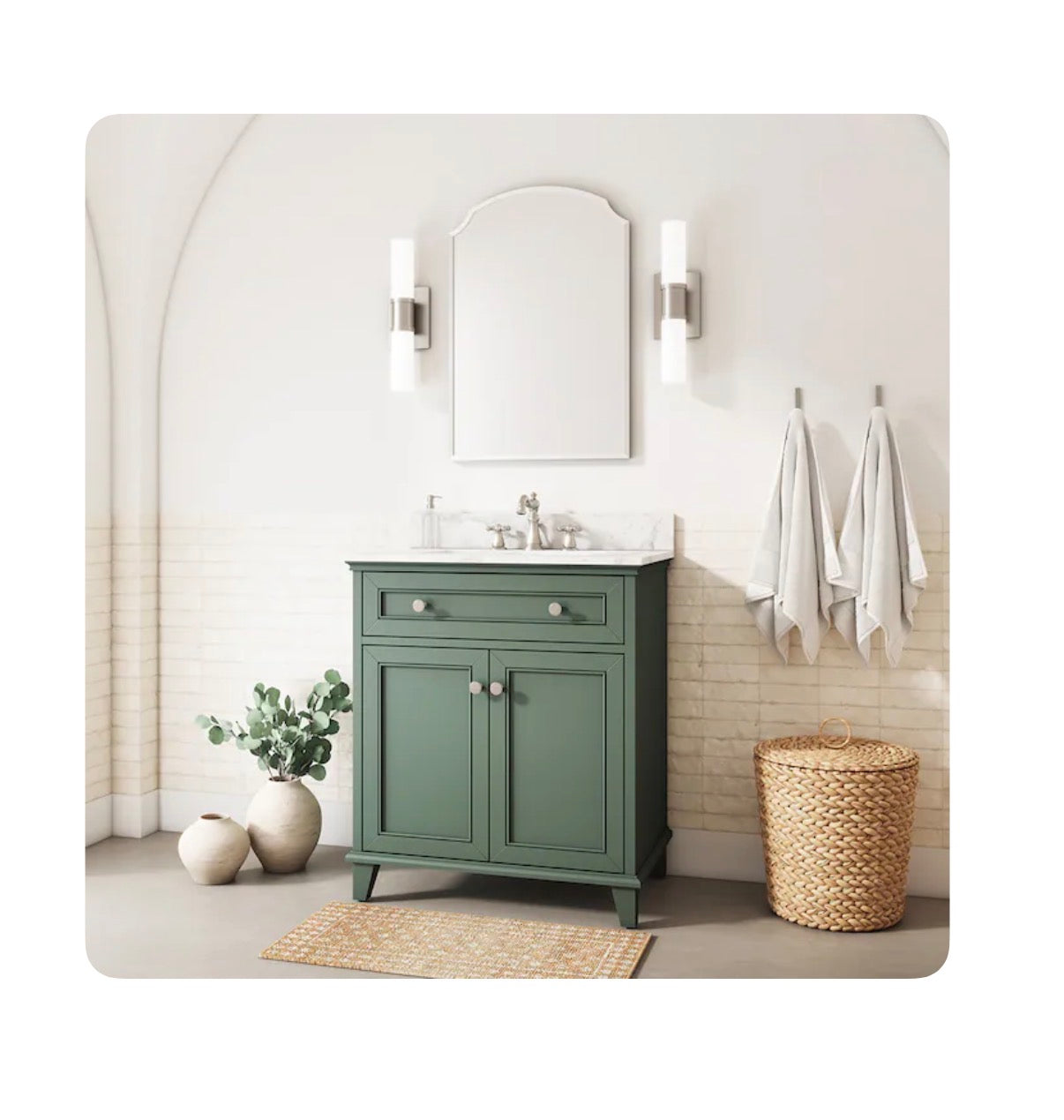 Lambert 30 Inch Basil Green Undermount Single Sink Bathroom Vanity with White Engineered Stone Top (New)