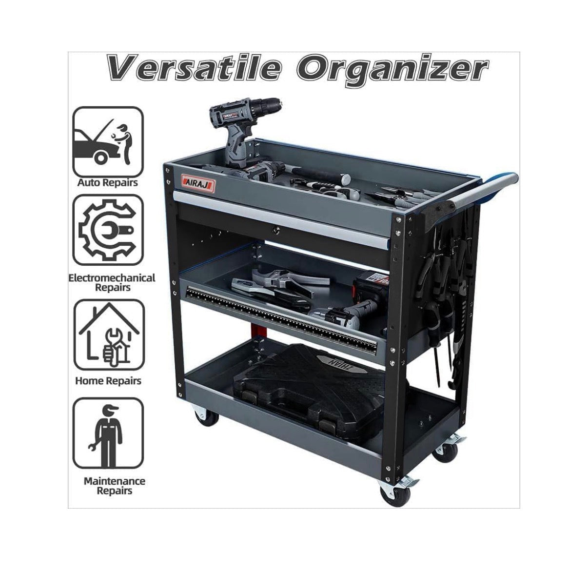 Tool Cart 27.5 Inch 3 Tier Tool Cart on Wheels, Utility Industrial Service Cart with drawers, Pegboard and Locking System, Suitable for Garage, Warehouse, Mechanic, 440lbs Load (Black) (New in Box)