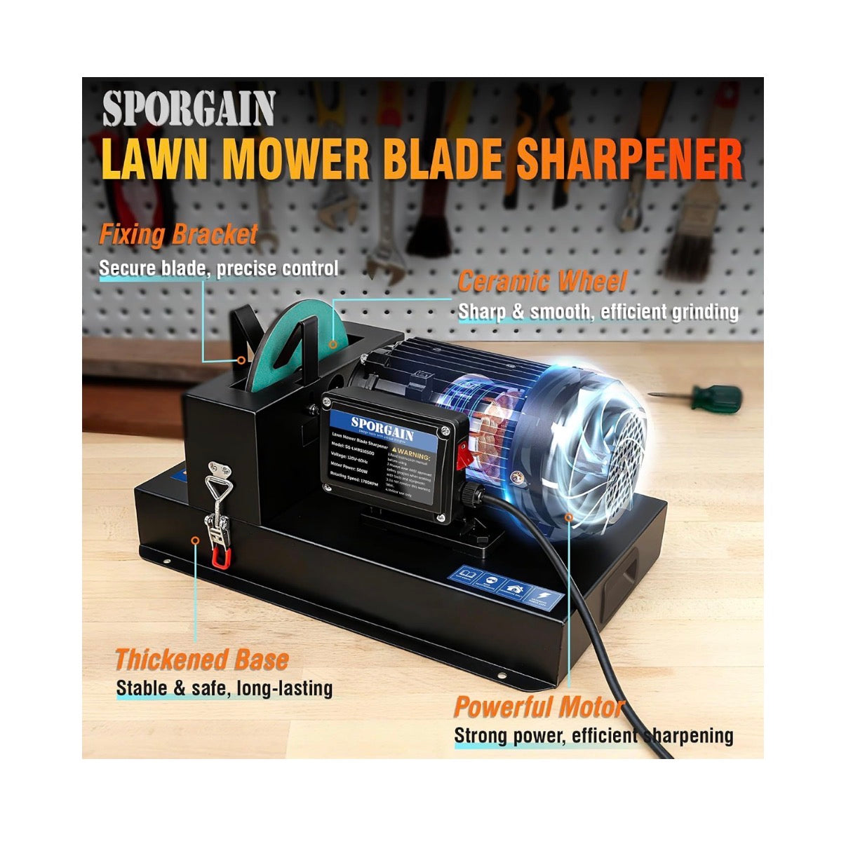 Lawn Mower Blade Sharpener 2/3 HP 550W, 20 Sandpapers 60&180 Grit Lawnmower Blade Sharpener with 7 Inch Grinding Wheel Blades Grinder Blade Sharpening Machine for High/Low Lift, Gator & Flat Blade