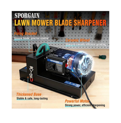 Lawn Mower Blade Sharpener 2/3 HP 550W, 20 Sandpapers 60&180 Grit Lawnmower Blade Sharpener with 7 Inch Grinding Wheel Blades Grinder Blade Sharpening Machine for High/Low Lift, Gator & Flat Blade