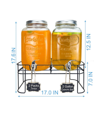 2 Gallon Larger Glass Drink Dispenser for Parties, 2 Packs Juice Lemonade Ice Tea Water Dispenser with Stand, Henable Beverage Dispensers with Spigot for BBQ, Picnic, Party (New in Box)