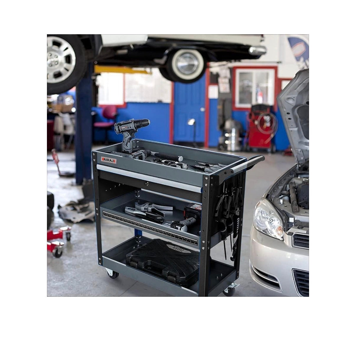 Tool Cart 27.5 Inch 3 Tier Tool Cart on Wheels, Utility Industrial Service Cart with drawers, Pegboard and Locking System, Suitable for Garage, Warehouse, Mechanic, 440lbs Load (Black) (New in Box)