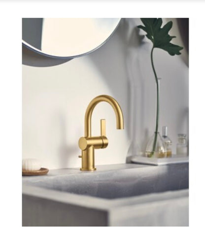 Moen Cia Brushed Gold 1-Handle Single Hole High Arc Bathroom Sink Faucet with Drain with Deck Plate