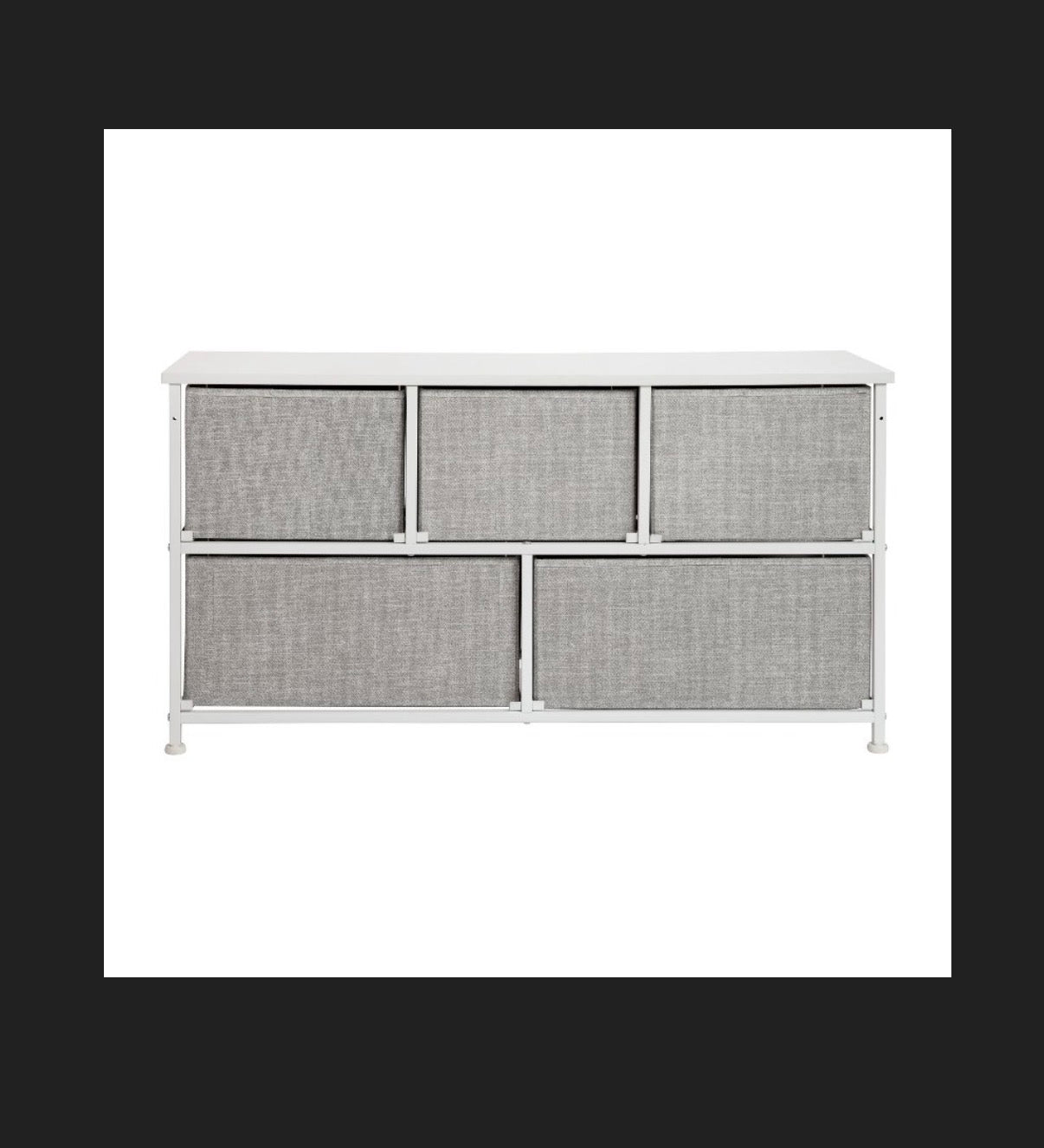 Flash Furniture 5 Drawer Wood Top White Cast Iron Frame Vertical Storage Dresser with Light Gray Easy Pull Fabric Drawers