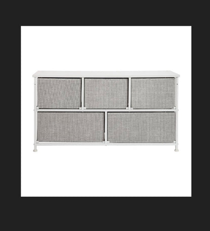 Flash Furniture 5 Drawer Wood Top White Cast Iron Frame Vertical Storage Dresser with Light Gray Easy Pull Fabric Drawers