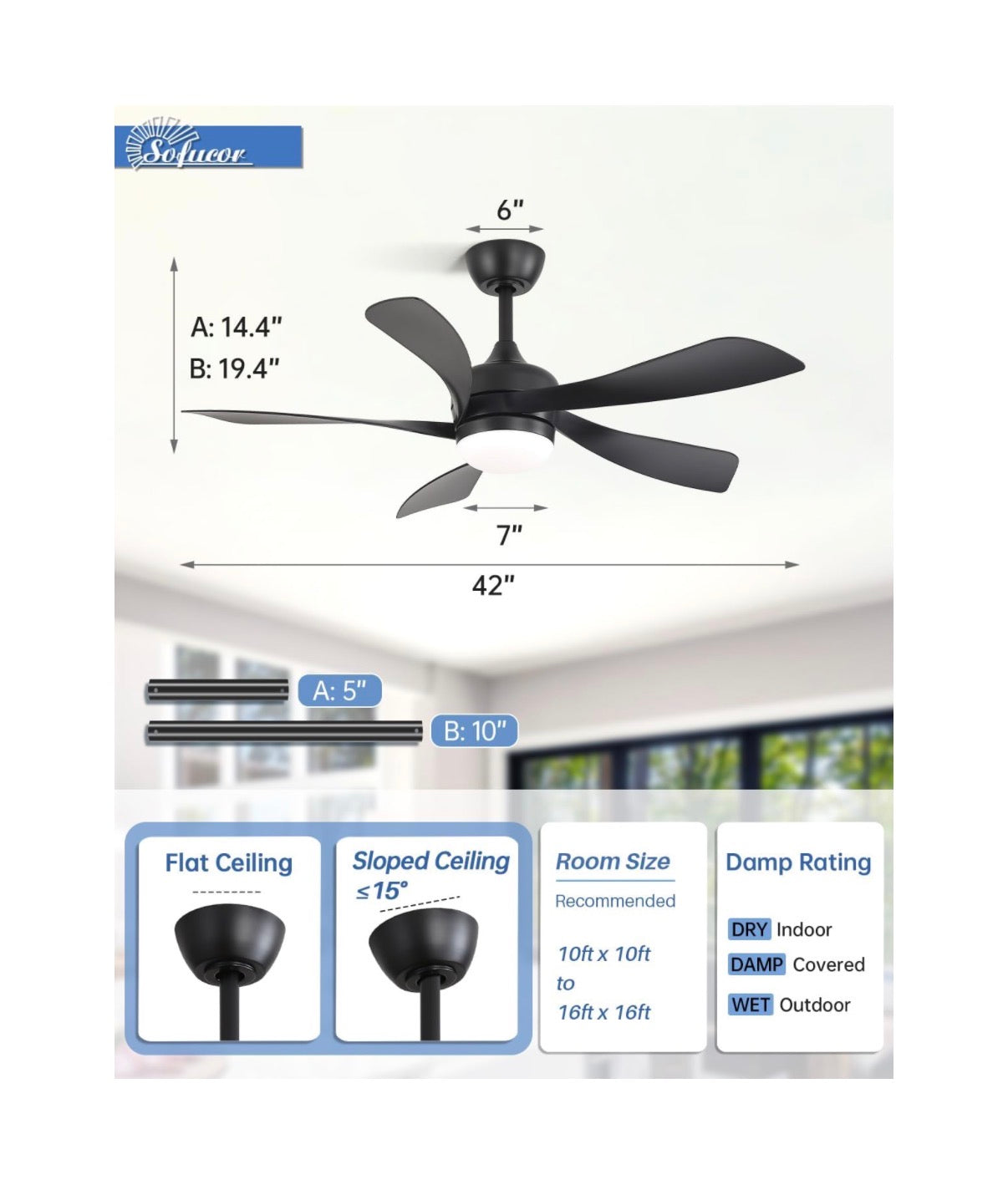 42 Inch Modern Ceiling Fan with Light Indoor/Outdoor Remote Control Compatible, Reversible Quiet DC Motor, Timer, 6 Speeds, 3 CCT Dimmable Light for Living Room Bedroom Patio (Black) (New in Box)
