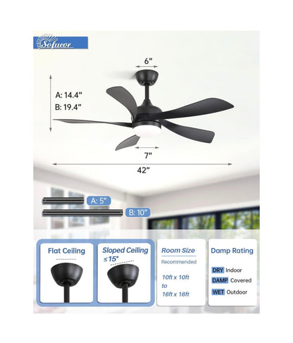 42 Inch Modern Ceiling Fan with Light Indoor/Outdoor Remote Control Compatible, Reversible Quiet DC Motor, Timer, 6 Speeds, 3 CCT Dimmable Light for Living Room Bedroom Patio (Black) (New in Box)
