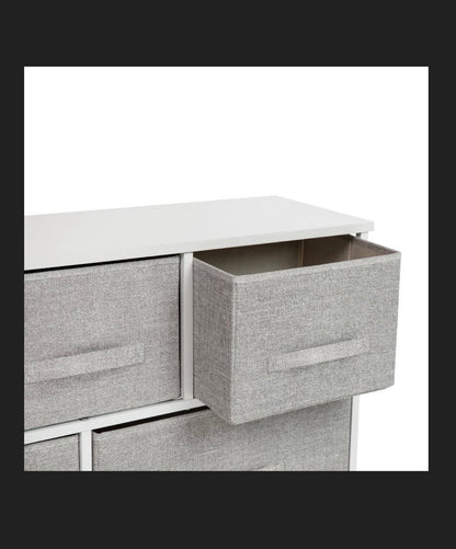 Flash Furniture 5 Drawer Wood Top White Cast Iron Frame Vertical Storage Dresser with Light Gray Easy Pull Fabric Drawers