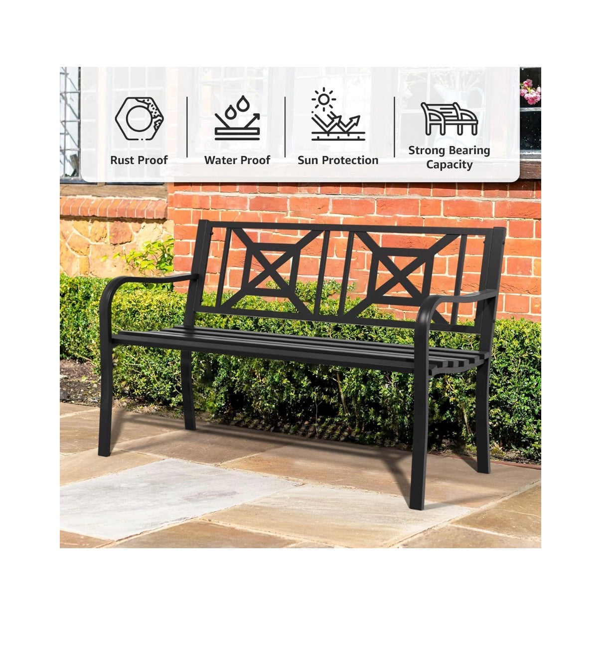 Outdoor Bench Garden Bench Patio Bench, Weatherproof Anti-Rust metal Powder Coated Frame Park Bench, for Yard & Porch & Park (New in Box)