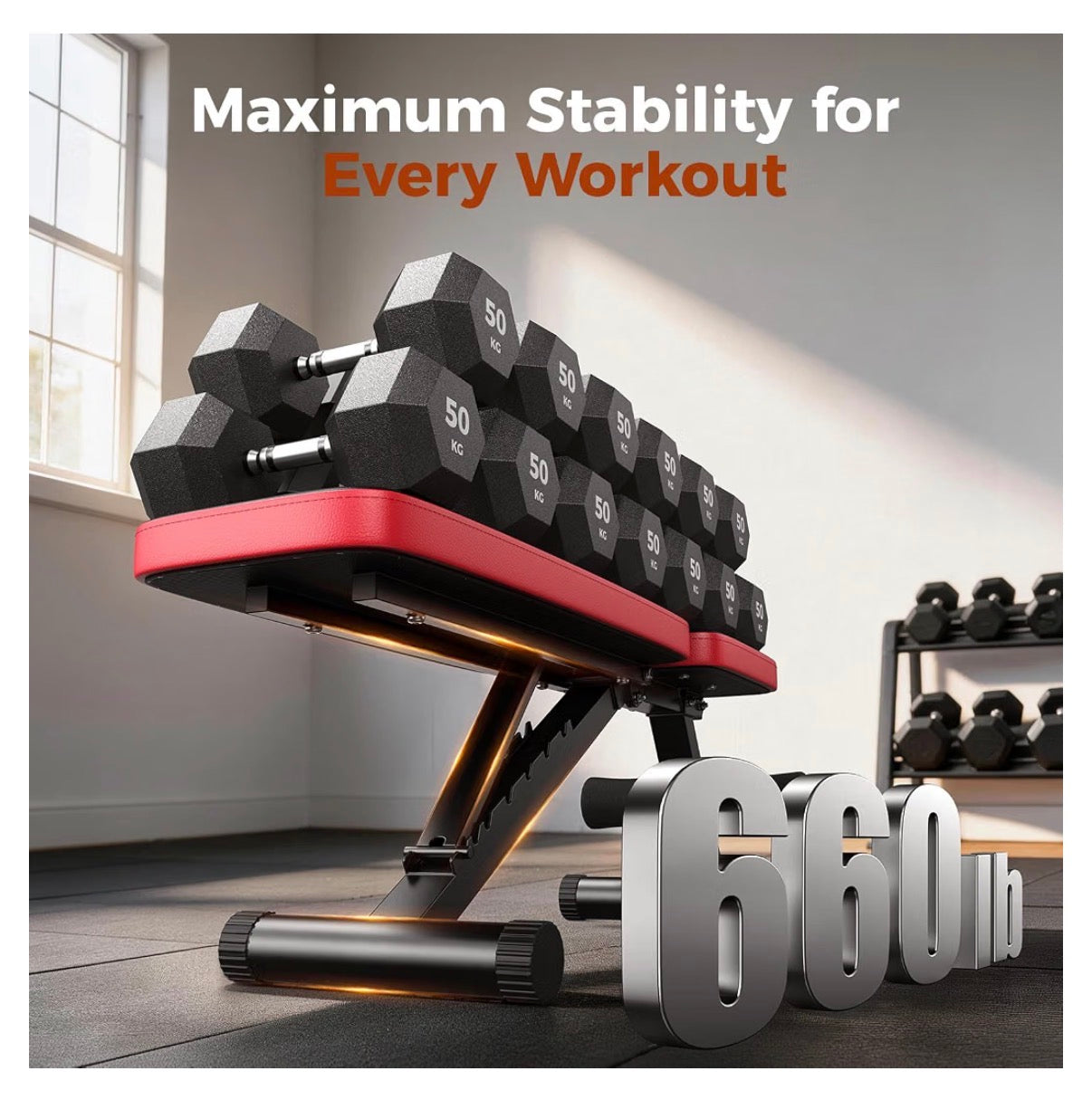 Adjustable Weight Bench for Home Gym, 660lbs Capacity Workout Bench with 8 Backrests for Chest Shoulders Arms, Compact and Foldable Strength Bench for Small Space Apartment Room (Red and Black) (New in Box)