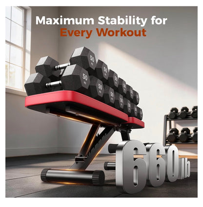 Adjustable Weight Bench for Home Gym, 660lbs Capacity Workout Bench with 8 Backrests for Chest Shoulders Arms, Compact and Foldable Strength Bench for Small Space Apartment Room (Red and Black) (New in Box)