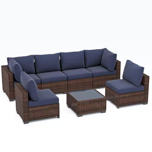 Brown Wicker 7-Piece Outdoor Patio Set Sectional Sofa and Coffee Table