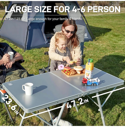 Ever Advanced Large Camping Table for 4-6 Person, Portable Folding Aluminum Table with Carrying Handle, Suitable for BBQ, Picnic, Camping and Indoor Use, Support up to 130lbs Silver (New in Box)