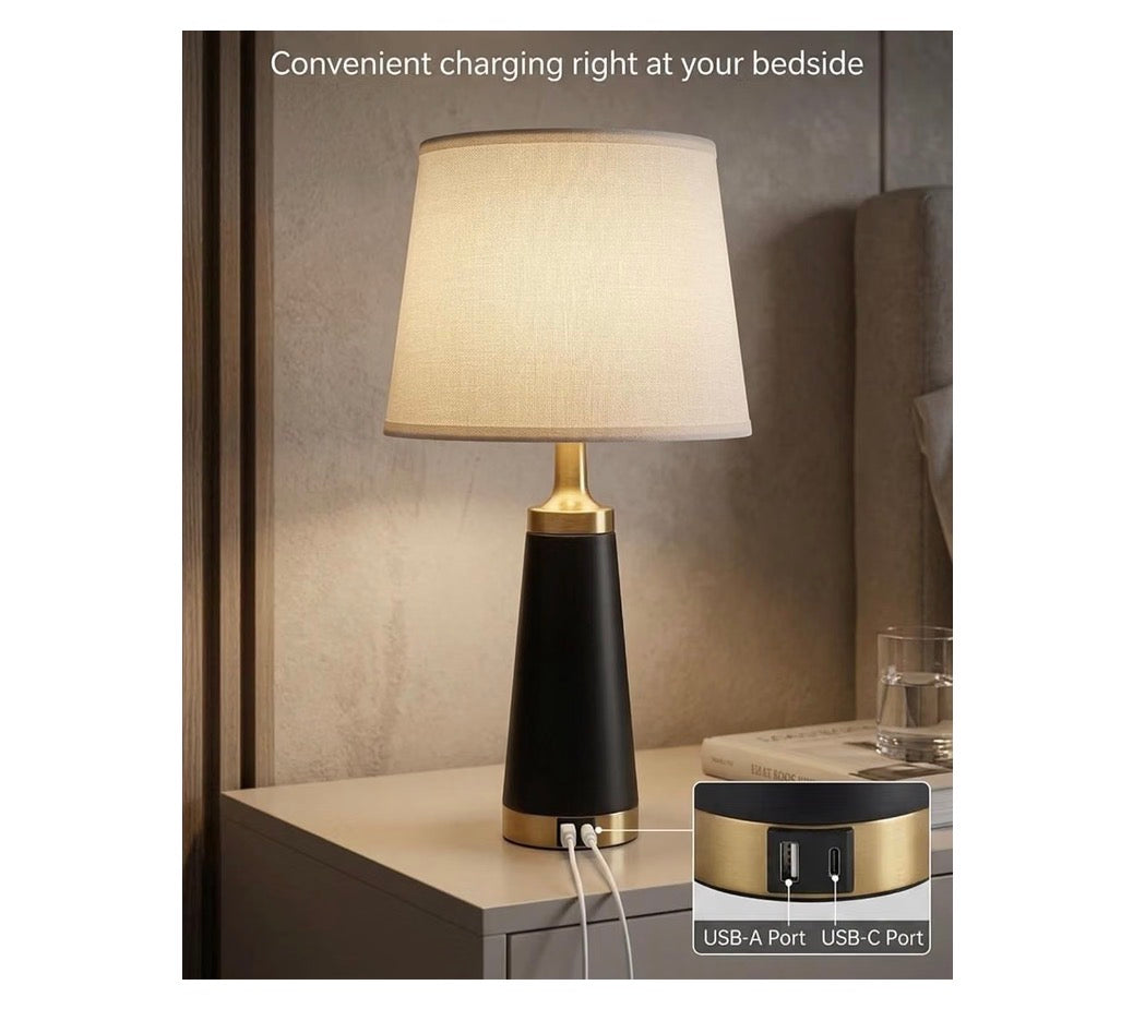 Bedside Table Lamp for Bedroom Nightstand 24 Inch Night Stand Lamps Set of 2 USB A & C Charging Ports and Outlets Side Table Lights with White Linen Shade, Knob Switch for Living Room (Black and Gold) (New in Box)