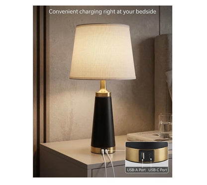 Bedside Table Lamp for Bedroom Nightstand 24 Inch Night Stand Lamps Set of 2 USB A & C Charging Ports and Outlets Side Table Lights with White Linen Shade, Knob Switch for Living Room (Black and Gold) (New in Box)