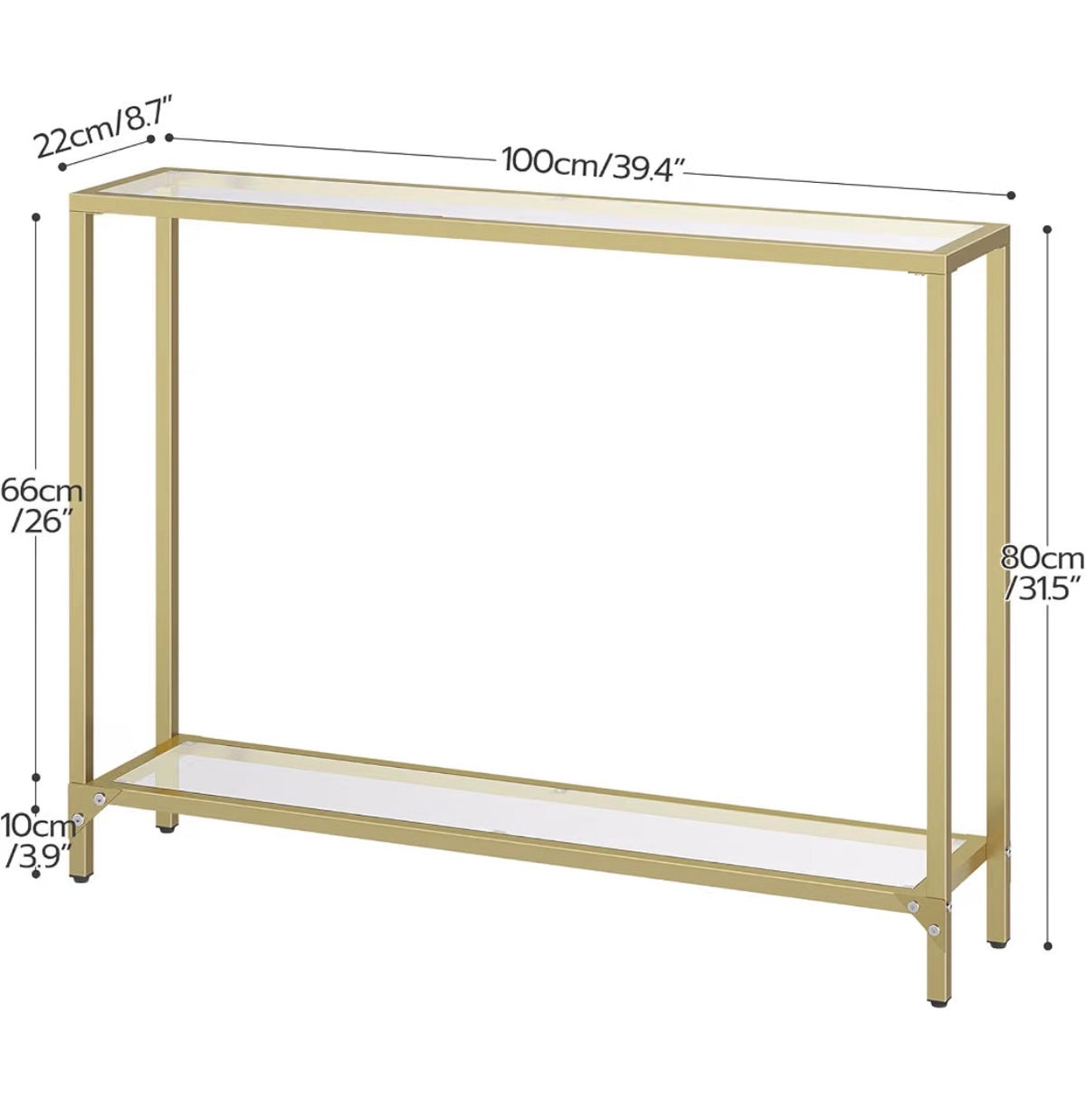 39.4 Inch Narrow Console Table, Tempered Glass Sofa Table Behind Couch Table Modern Entryway Table, Metal Frame for Living Room, Hallway (Gold) (New in Box)