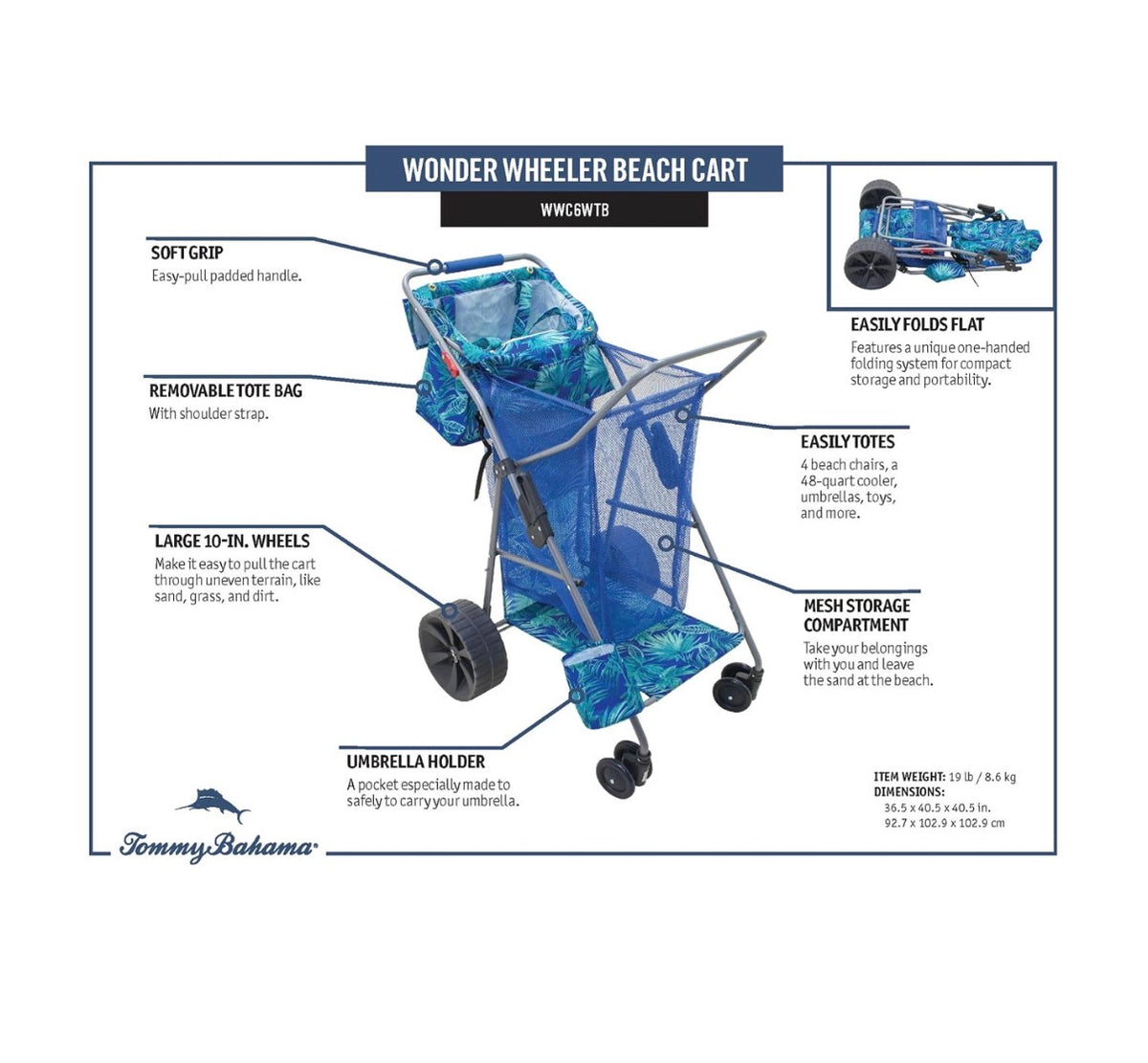 Tommy Bahana Wonder Wheeler Deluxe Folding Beach Cart Holds Up to 48 Qt. Cooler and 4 Chairs, One Handed Setup, 10 in Tread Wheels, Umbrella Holder, Removable Shoulder Tote (Blue) (New in Box)