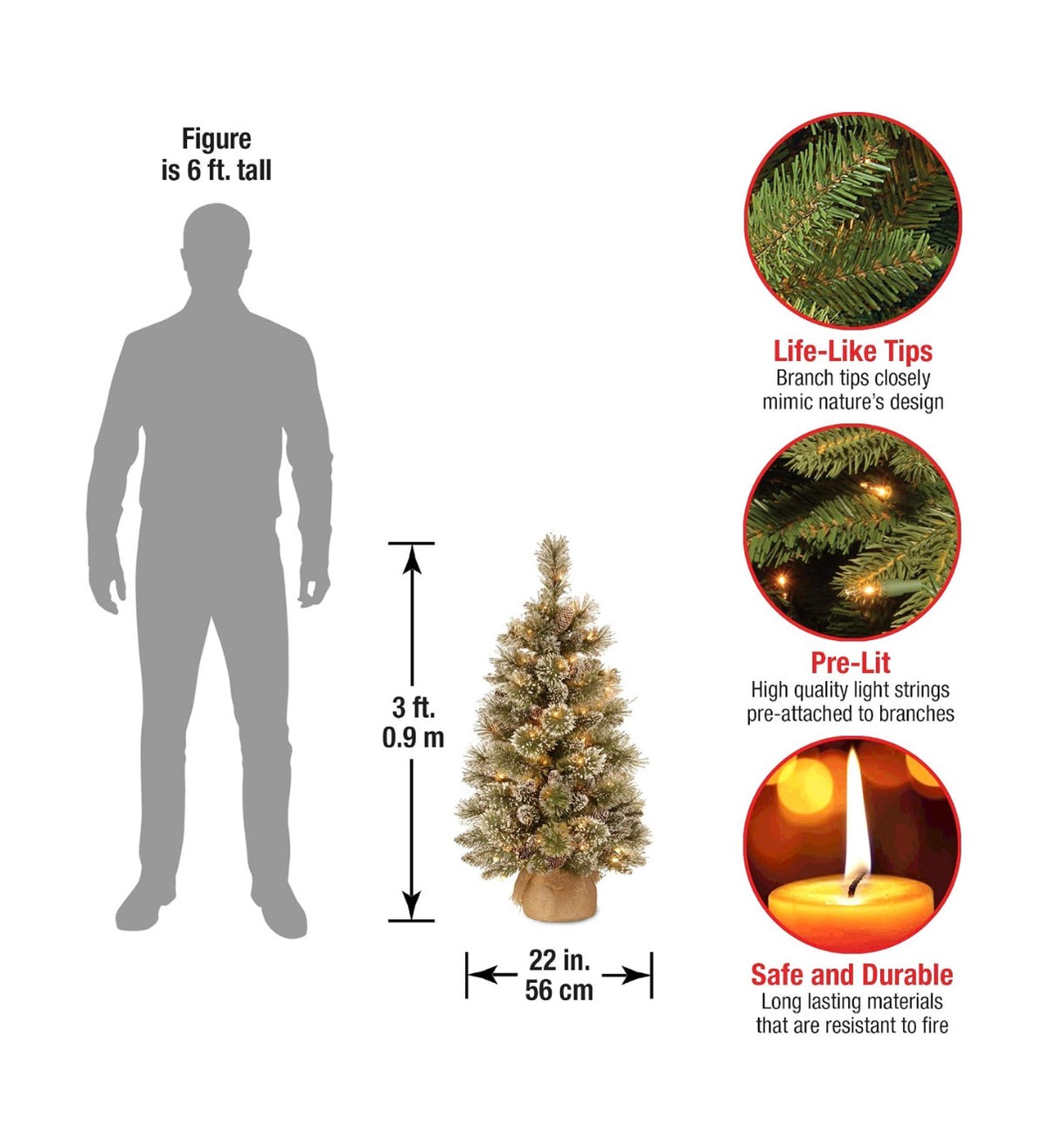 National Tree Company 3 Ft. Pre-Lit Glittery Bristle Mini Christmas Tree 35 Warm LED Light 144 Tips Pinecones Burlap Base Timer Artificial Green (New in Box)