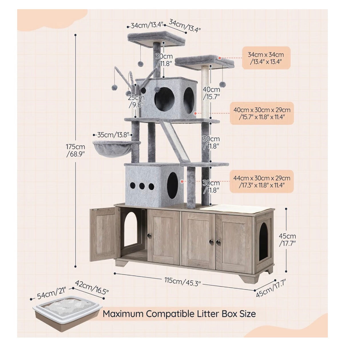 Double Litter Box Enclosure with Cat Tree, 45.3 Inch Length X 17.7 Inch Width X 68.9 Inch Height All in One Modern Cat Tower with Bed, Hidden Litter Box Enclosure Furniture, with Hammock (Geige) (New in Box)