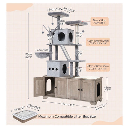 Double Litter Box Enclosure with Cat Tree, 45.3 Inch Length X 17.7 Inch Width X 68.9 Inch Height All in One Modern Cat Tower with Bed, Hidden Litter Box Enclosure Furniture, with Hammock (Geige) (New in Box)