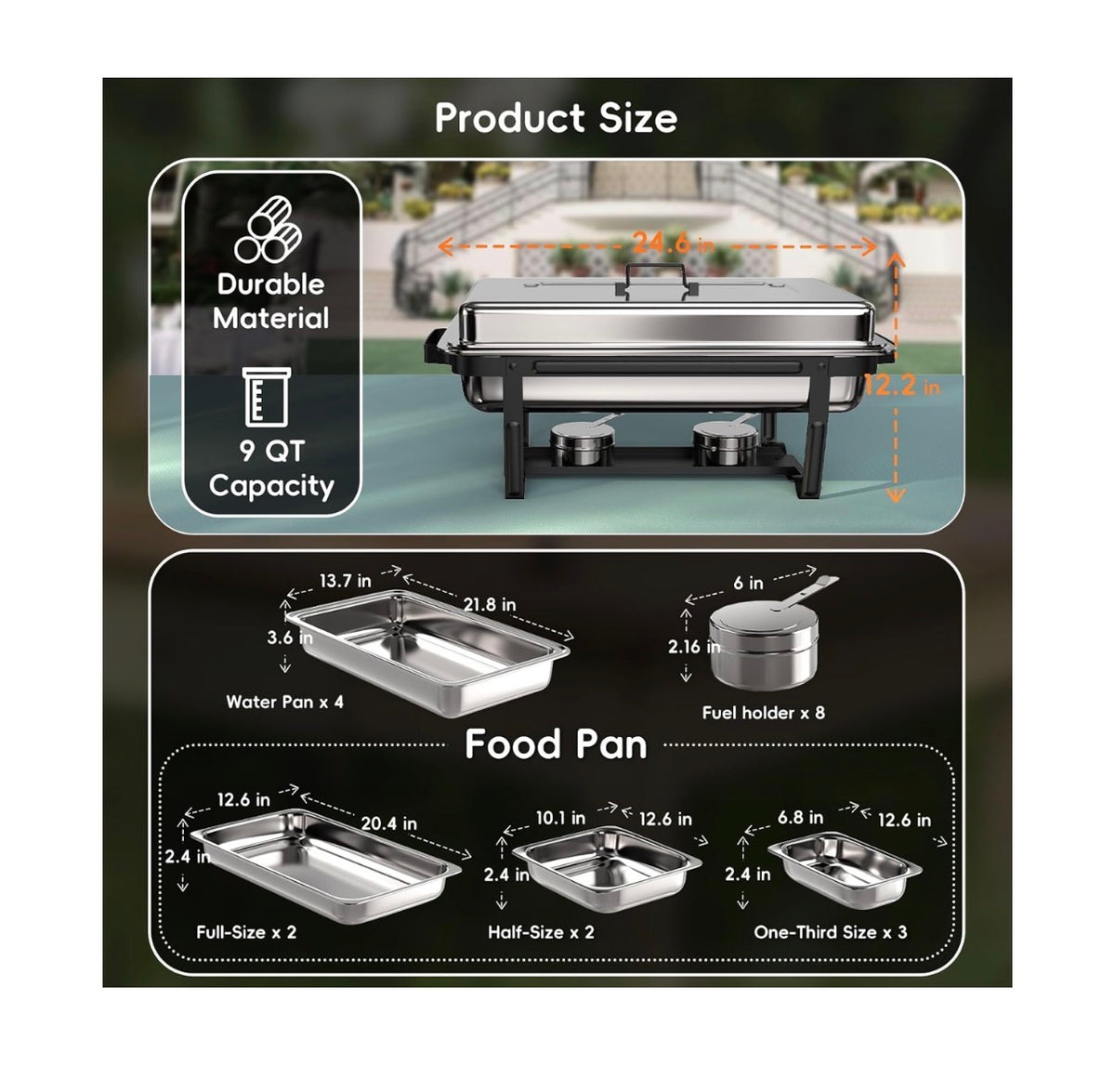 Chafing Dishes for Buffet 9 Qt 4 Pack with Multi-Size Food Pans Screwless Installation Chafing Dish Buffet Set, Foldable Handles Stacking Design, Stainless Steel for Events (New in Box)