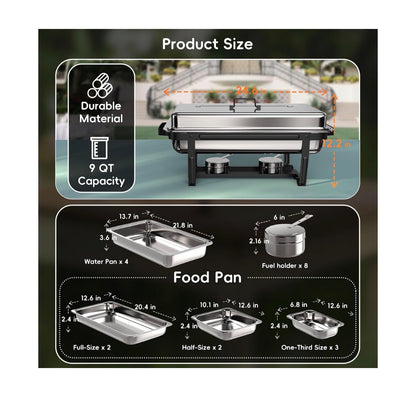 Chafing Dishes for Buffet 9 Qt 4 Pack with Multi-Size Food Pans Screwless Installation Chafing Dish Buffet Set, Foldable Handles Stacking Design, Stainless Steel for Events (New in Box)