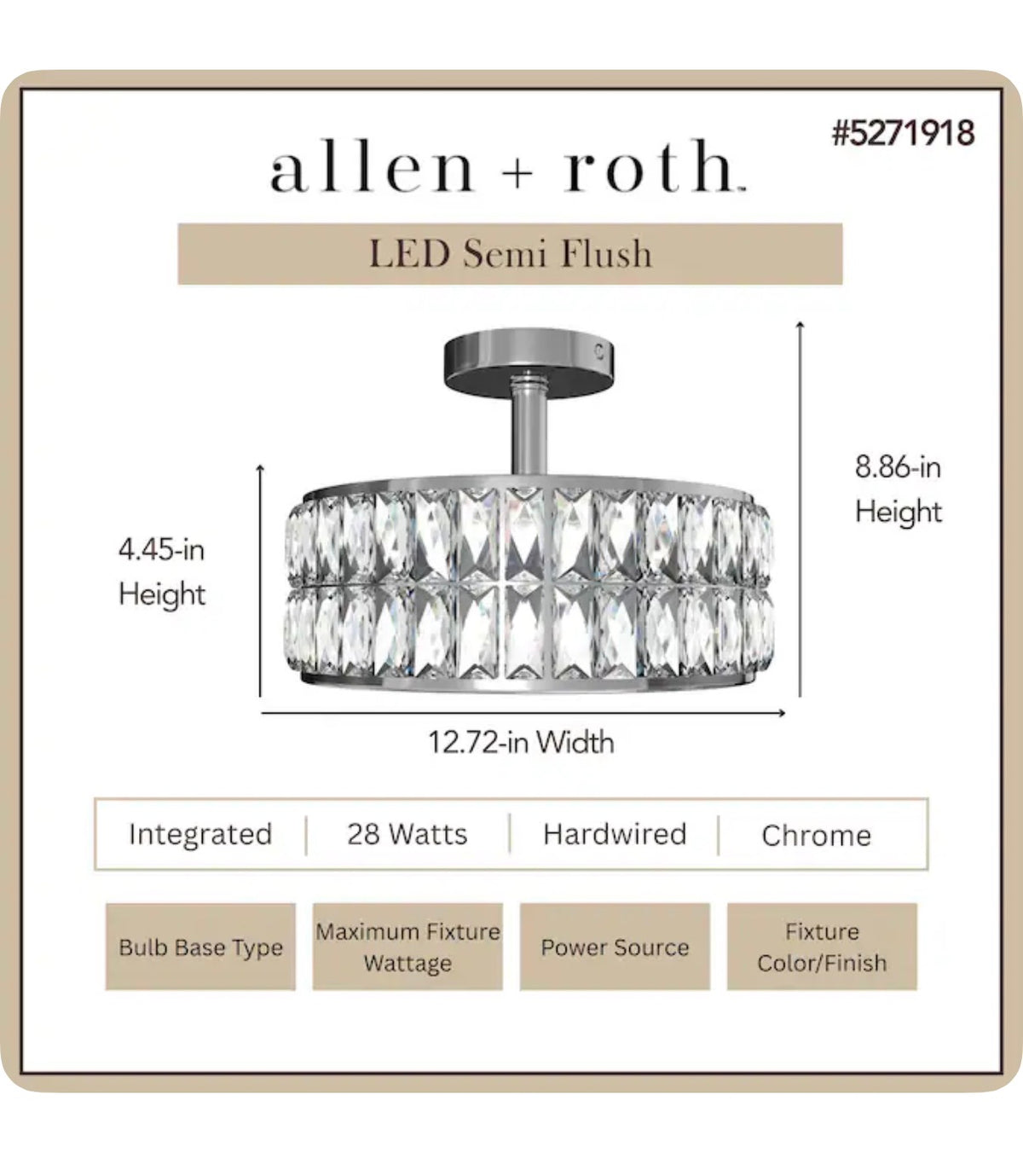 Willow 12.72 Inch Chrome Indoor 1 Light LED Semi-Flush Mount Light with Frosted Glass (New in Box)