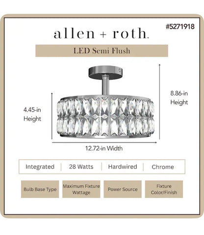 Willow 12.72 Inch Chrome Indoor 1 Light LED Semi-Flush Mount Light with Frosted Glass (New in Box)
