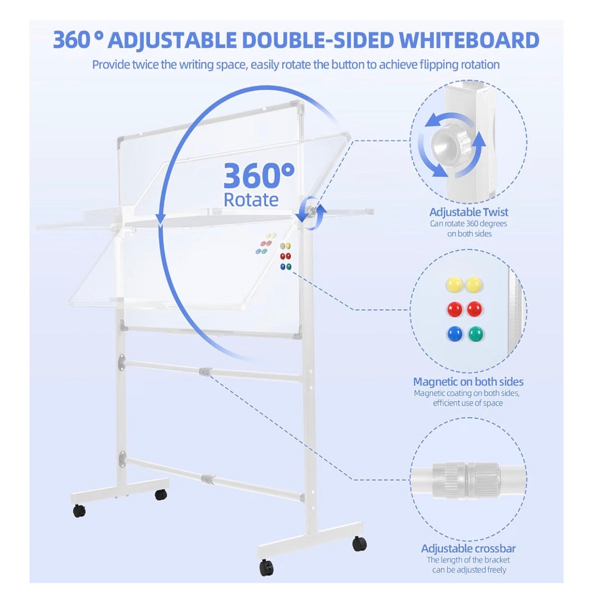 Rolling White Board 28 Inch X 40 Inch, Double Sided Magnetic Easel Whiteboard Height Adjustable 40 Inch - 75 Inch, Mobile Dry Erase Board with Stand, 4 Silent Wheels, 10 Markers, 2 Erasers, 12 Magnets for Office, Classroom (New in Box)