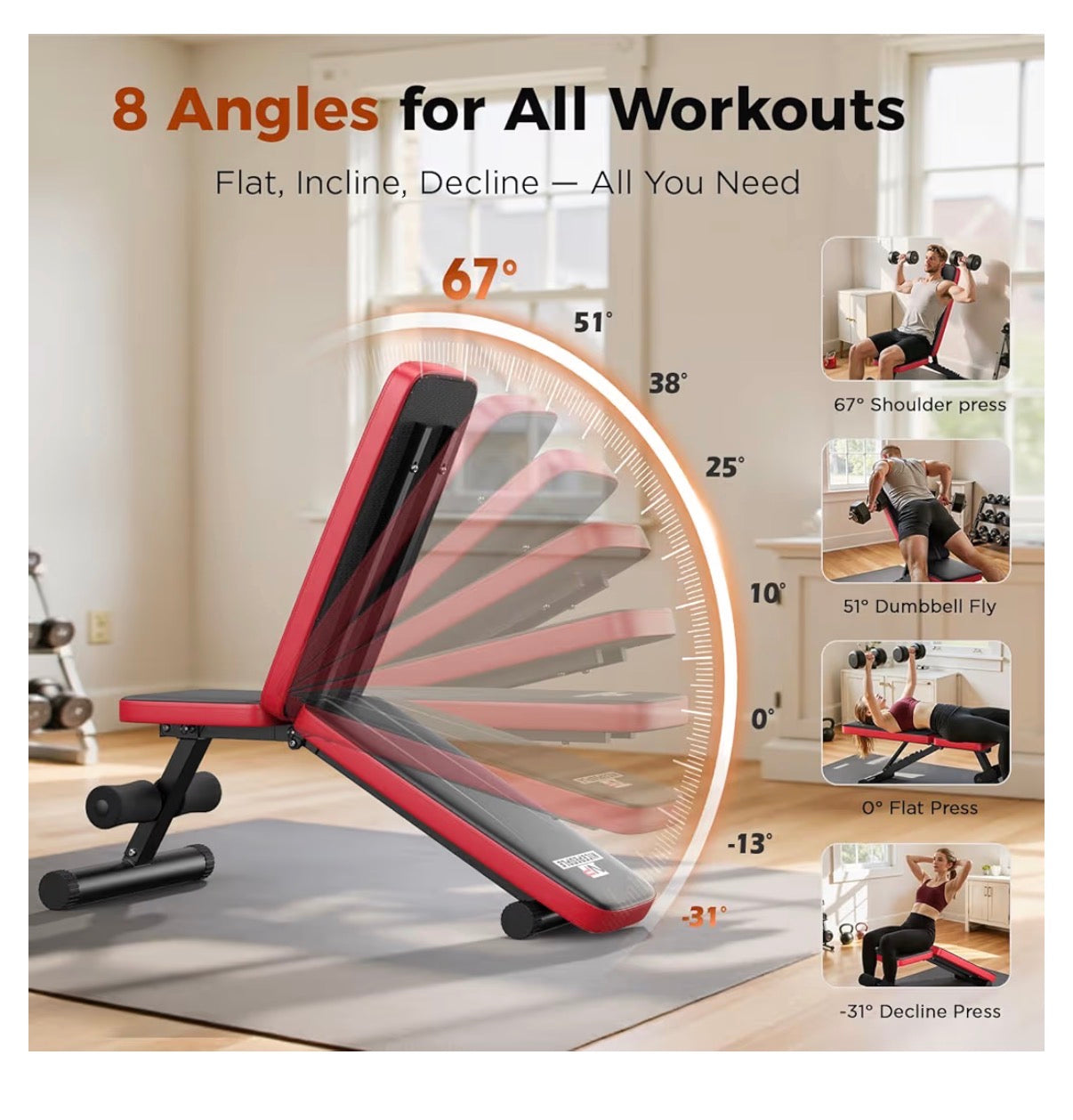 Adjustable Weight Bench for Home Gym, 660lbs Capacity Workout Bench with 8 Backrests for Chest Shoulders Arms, Compact and Foldable Strength Bench for Small Space Apartment Room (Red and Black) (New in Box)