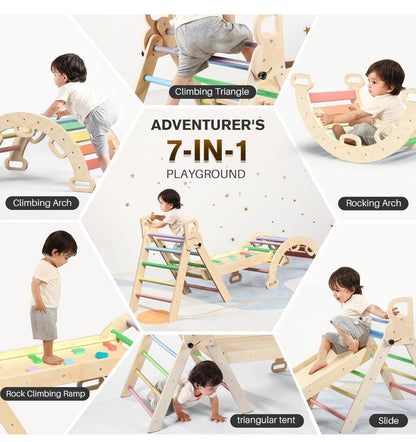 Pikler Triangle Set with Safe Handle, Climbing Toy for 1-3 Years Patented Safety Design, Foldable 7-in-1 with Wooden Car, standard Size (Rainbow) (New in Box)