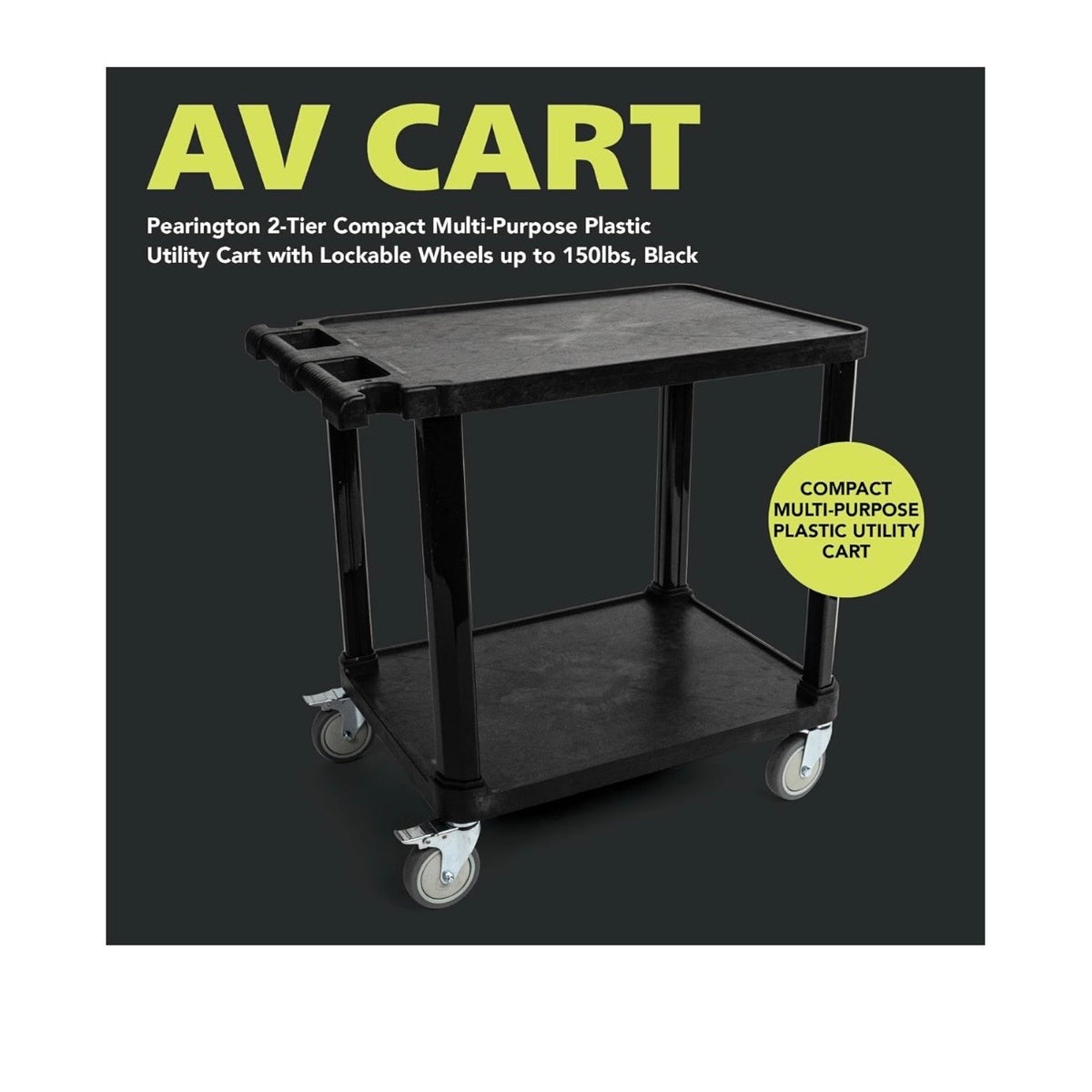 Pearington 2 Tier Compact Multi-Purpose Plastic Utility Cart with Lockable Wheels Up to to 150lbs (Black) (New in Box)