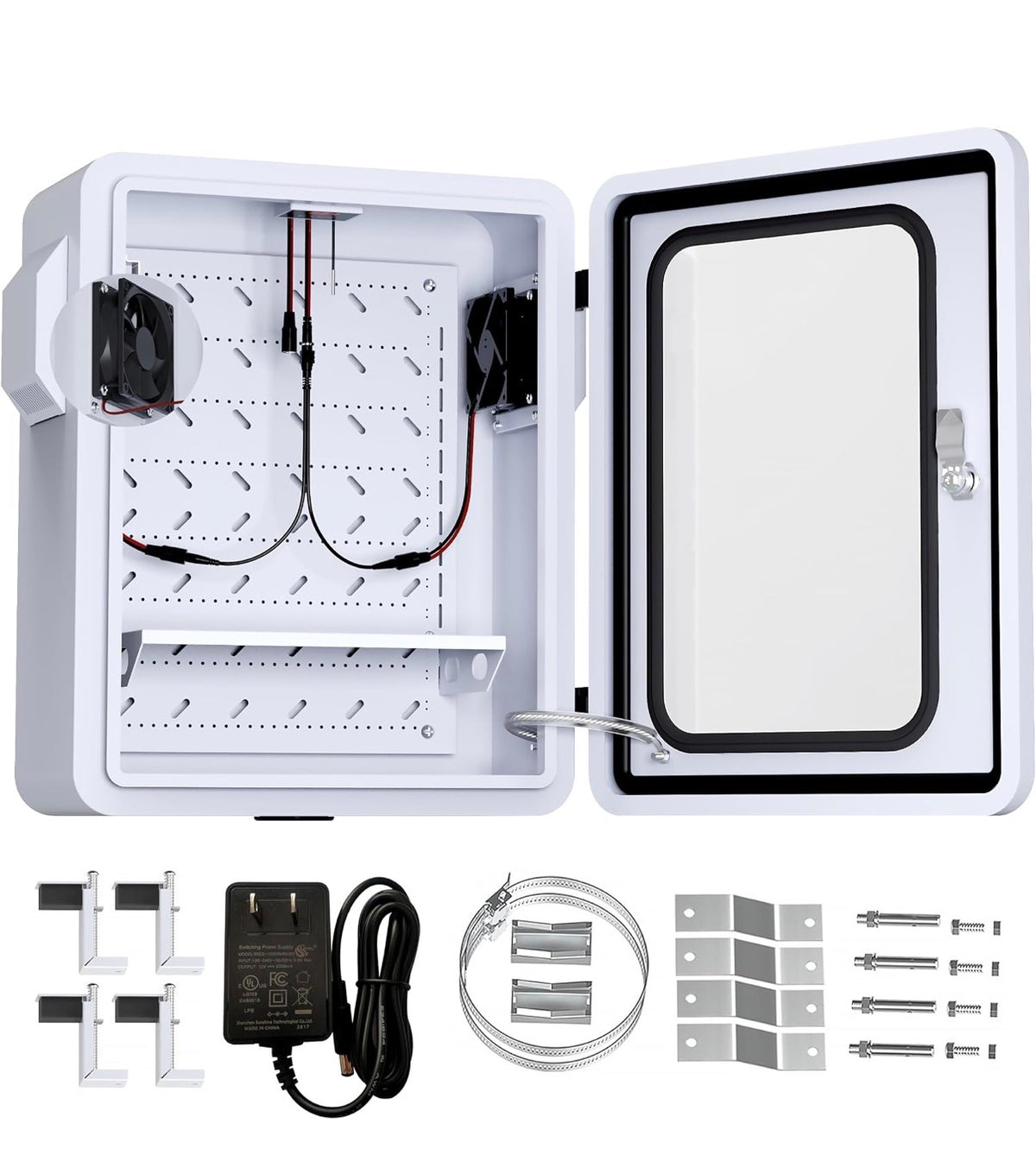 Outdoor Electrical Box with Clear Window and Thermostat and Fan, Precise Temperature Control 0.1 Degree, IP65Water Resistant Rating, Galvanized Steel, Aluminum Rear Beam 19.7 Inch X 17.7 Inch X 7.9 Inch (New in Box)