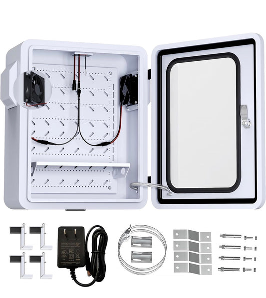 Outdoor Electrical Box with Clear Window and Thermostat and Fan, Precise Temperature Control 0.1 Degree, IP65Water Resistant Rating, Galvanized Steel, Aluminum Rear Beam 19.7 Inch X 17.7 Inch X 7.9 Inch (New in Box)