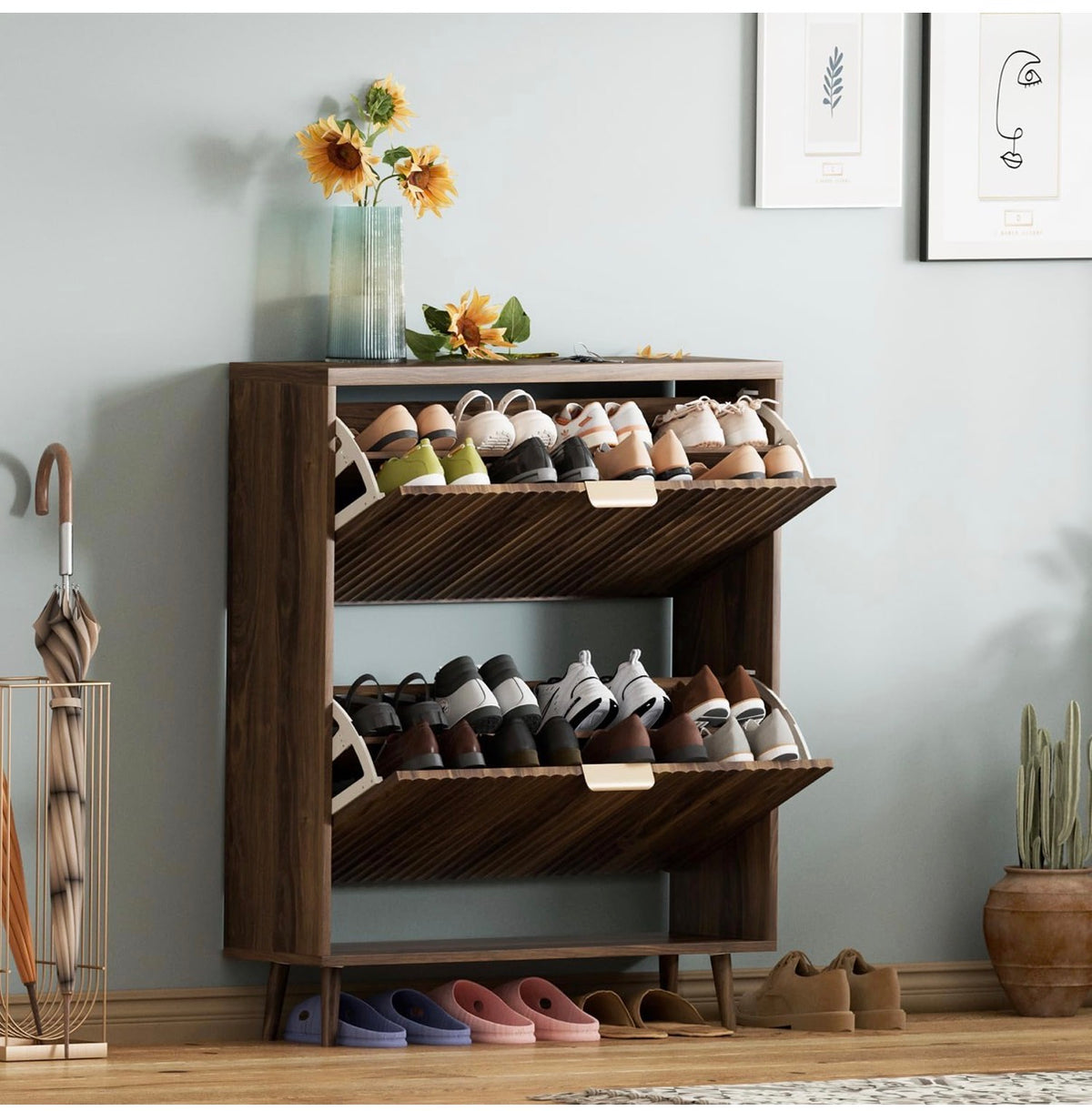 Shoe Cabinet Storage Modern Freestanding Organizer with 2 Flip Drawers Narrow Shoe Rack for Entryway (Walnut) (New in Box; Needs to be Assembled)