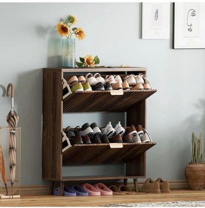 Shoe Cabinet Storage Modern Freestanding Organizer with 2 Flip Drawers Narrow Shoe Rack for Entryway (Walnut) (New in Box; Needs to be Assembled)