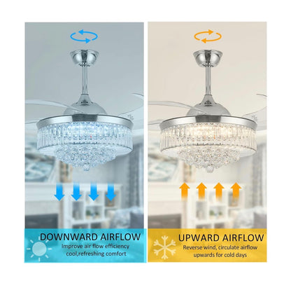 42 Inch Crystal Ceiling Fan with Light, Silvery Chandelier Fan with Remote, 6 Speeds, 3 Colors Changes, 4 Blades Rectangle Ceiling Fan for Bedroom, Living Room, Dining Room (Silver) (New in Box)