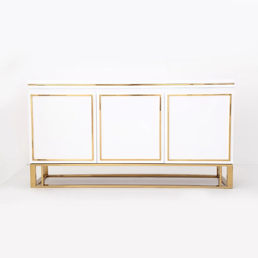 White Wood Sideboard Buffet Cabinet with Storage 3 Doors Gold Base