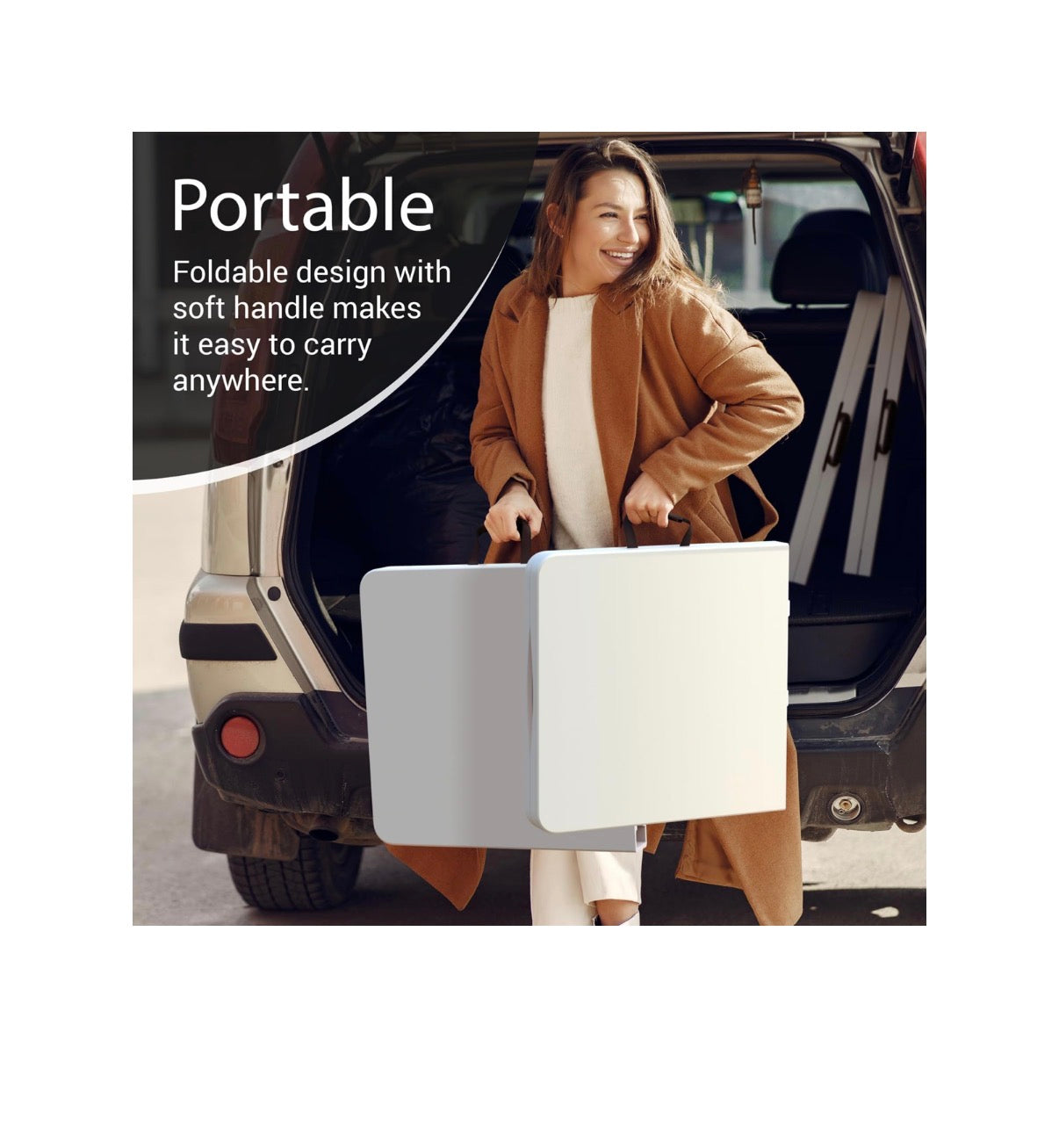 4ft. Foldable Table Adjustable Height with Built in Handle, Steel Legs, Perfect for Party, Dining, Wedding Events, Picnic Indoor/Outdoor (White) (New in Box)