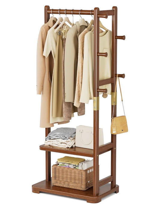 Coat Rack Solid Wood Clothes Rack with Two Shelves & Four Hooks for Hanging Clothes, Garments, and Hats