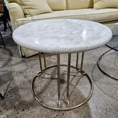 Tessellated Stone Round Side Table with Brass Base