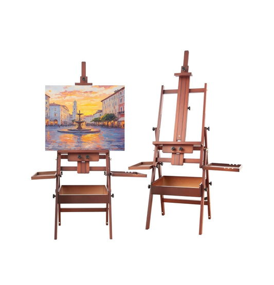 Horizontal Beechwood Studio Easel with Drawer and Palettes H-Frame Solid Wooden Painting Easel for Students, Beginners, and Artists, Hold Canvas up to 50 Inches High (Walnut) (New in Box)