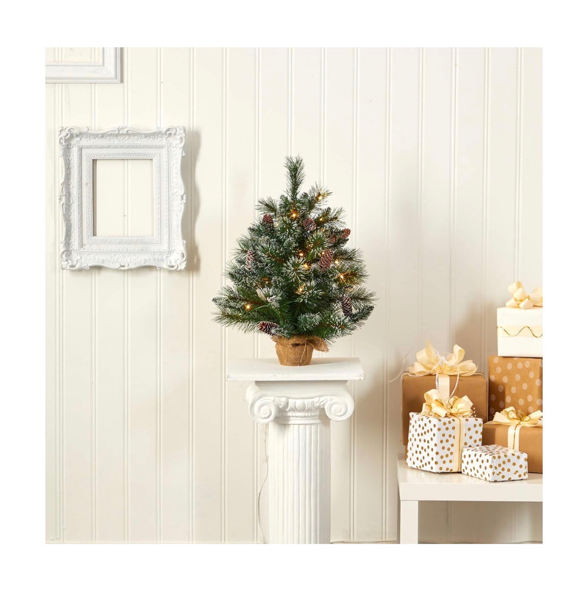 Nearly Natural 2 Ft. Frosted Pine Acritical Christmas Tree with 35 Clear LED Lights, Pinecones and Burlap Base (New in Box)
